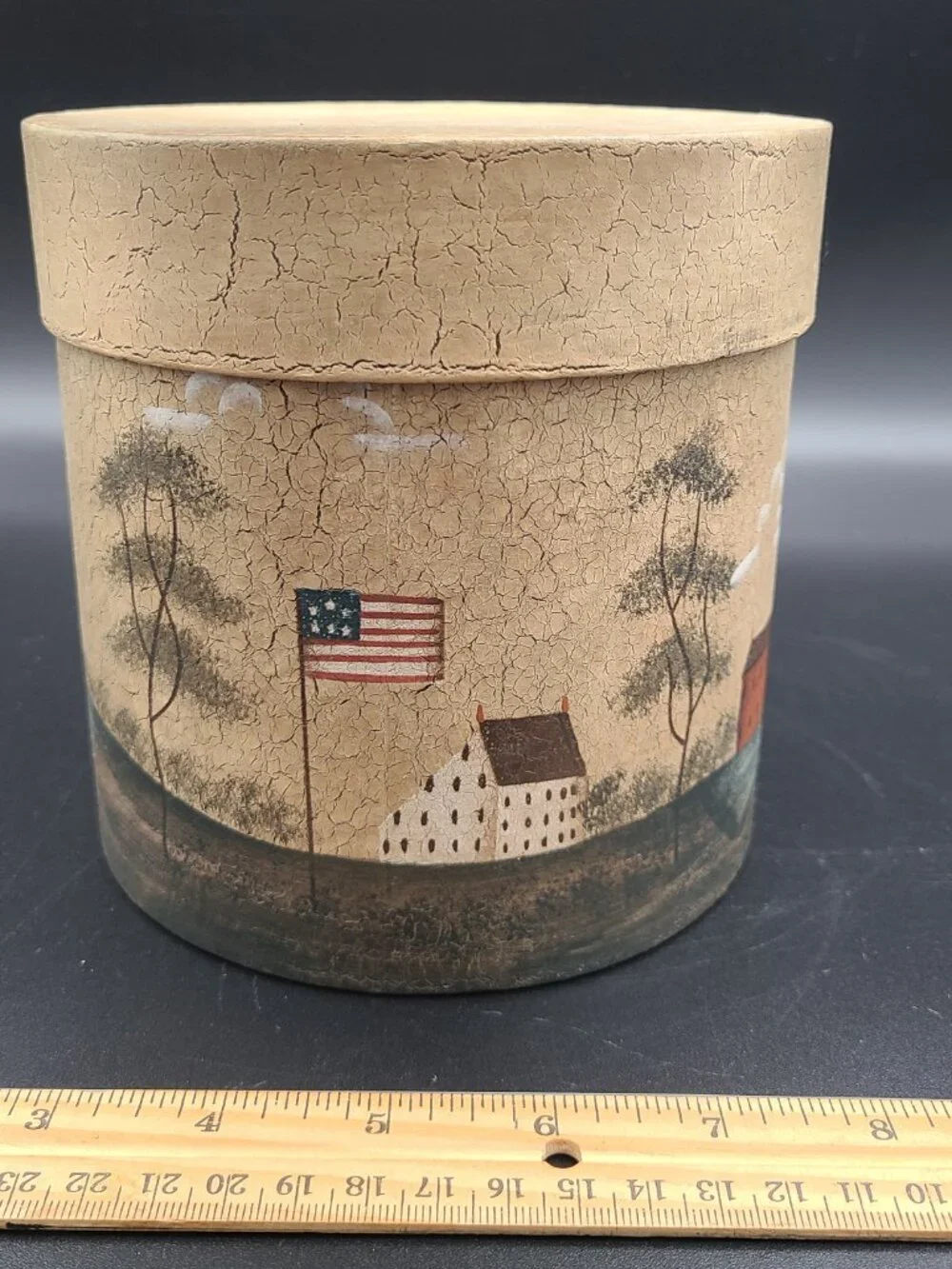 Crazy Mountain Canister School House American flag with tag 5.75